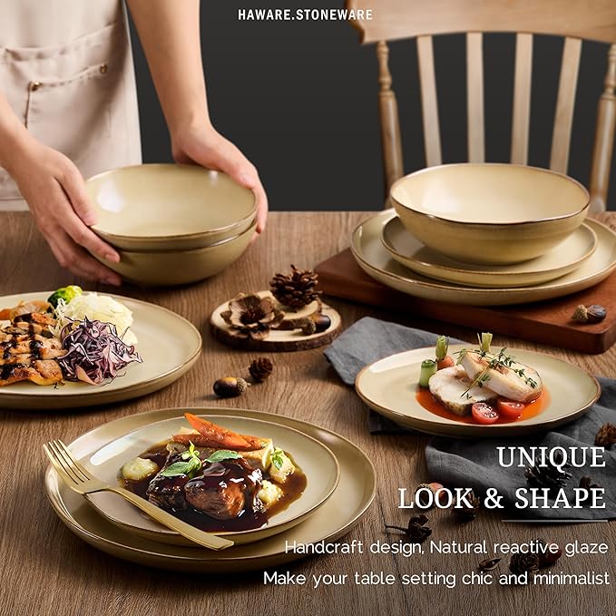 HaWare Plates and Bowls Set, Stoneware Dinnerware Sets, 24-Piece Hand-painted Dishware for 6, Ceramic Dish Set for Home Kitchen, Scratch Resistant, Microwave and Dishwasher Safe, Reactive Sandy Khaki