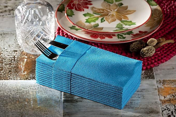 Blue Dinner Napkins Cloth Like with Built-in Flatware Pocket, Linen-Feel Absorbent Disposable Paper Hand Napkins for Kitchen, Bathroom, Parties, Weddings, Dinners or Events, 1/8 Fold, Pack of 50