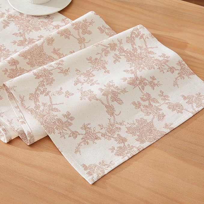 100% Cotton French Pastoral Table Runners, 13x90 Inch Taupe Farmhouse Table Runners 90 Inches Long, Vintage Flowers Print Home Decors