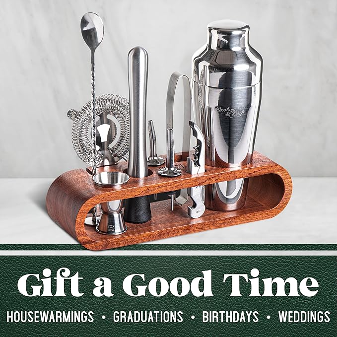 Mixology & Craft Bartender Kit: 10-Piece Cocktail Shaker Set with Dark Bamboo Stand | Complete Cocktail Kit Gift Set | Top Bartender Gifts for Men & Women | Leak-Proof Design (Silver)