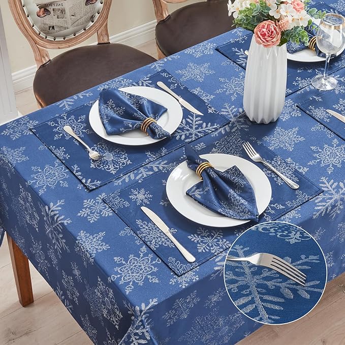 Rectangle Fancy Metallic Sparkling Snowflake Christmas Fabric Table Cloth red Hunter Gold Navy White Silver No-Iron Soil Resistant Woven Holiday Table Cover(Navy Silver/60x120Inch)