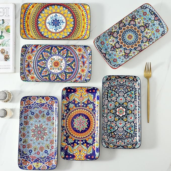 glowworm 10.5 Inch Rectangular Dinner Plates, Ceramic Salad Plates Set of 6, Porcelain Serving Platters for Dessert, Appetizer, Microwave & Oven Safe, Bohemian