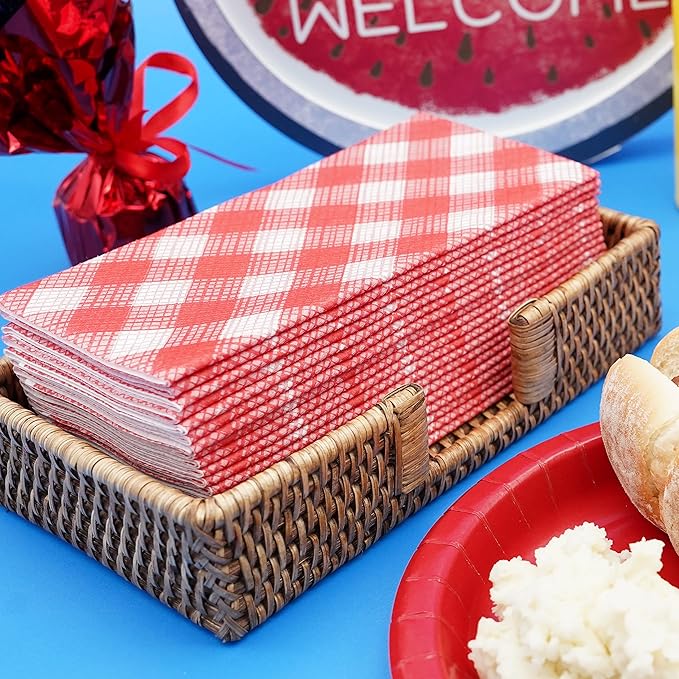 AMERICAN HOMESTEAD Paper Napkins - Red Gingham Disposable Linen-Like Dinner Napkins - Restaurant-Quality Table Serviettes for Weddings, Parties, and Events - 15.75" x 15.75" - 50 Count