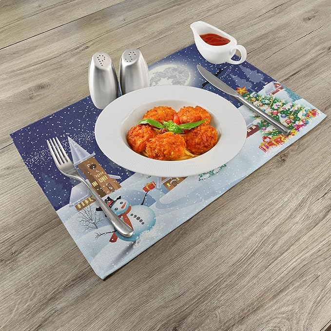 Ambesonne Christmas Place Mats Set of 8, Winter Season Snowman Xmas Tree Santa Sleigh Moon Present Boxes Snow and Stars, Washable Fabric Placemats for Dining Table, Placemat 8 pcs, White Blue