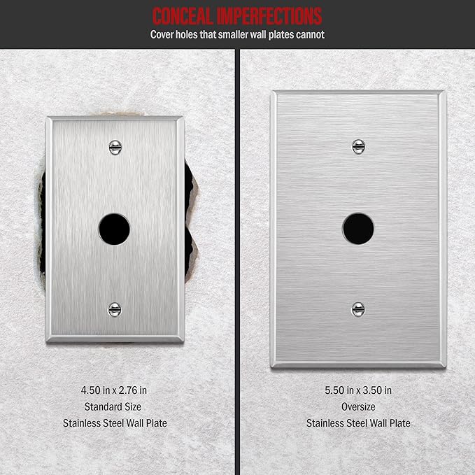 ENERLITES 0.625" Diameter Hole Phone Cable Metal Wall Plate, Corrosive Resistant, Over Size 1-Gang 5.5" x 3.5", 7761O, 430 Stainless Steel, UL Listed, Silver