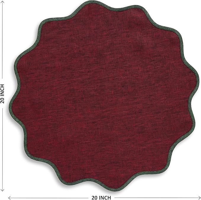 Solino Home Linen Scallop Cloth Napkins Set of 4-100% Pure Linen Forest Green and Red Garnet Dinner Napkins 20 Inch - Giselle Scallop Edge, Handcrafted and Machine Washable