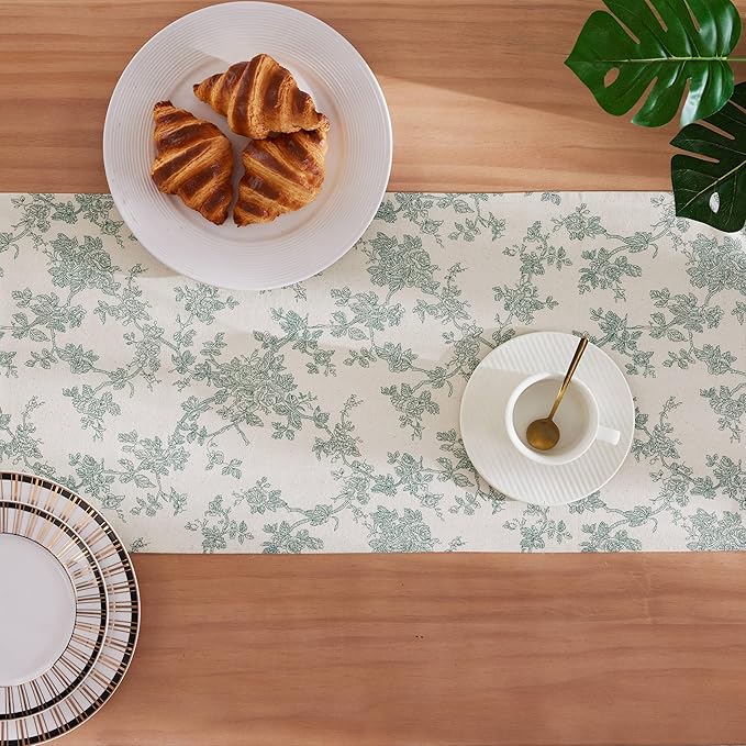 100% Cotton French Pastoral Table Runners, 13x108 Inch Vintage Green Farmhouse Table Runners 108 Inches Long, Vintage Flowers Print Home Decors