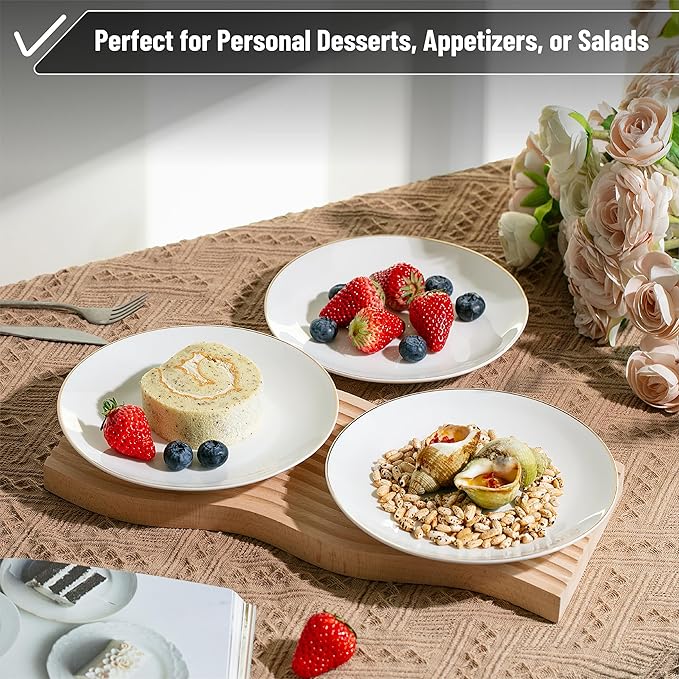 BTaT- White Dessert Plates with Gold Rim, Set of 12, 8", Porcelain, Small Plates for Appetizers