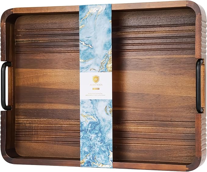 Acacia Wood Serving Tray with Metal Handles  – 17x13in Rustic Decorative Ottoman & Coffee Table Tray for Breakfast in Bed, Dinner, Bar, Kitchen, Home Décor & Entertaining