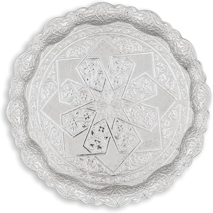 Alisveristime Turkish Ottoman Motif Decorative Zamac Tray, (25cm - 9.8" Diameter) (427 gram - 15 oz) Ideal for Both Serving and Decoration, Available in Four Distinctive Colors (Silver)
