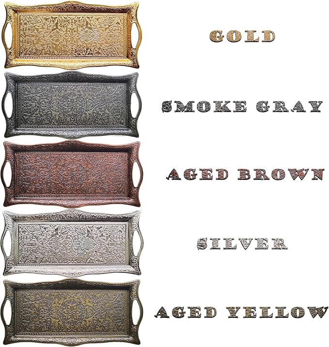 Metal Serving Tray with Raised Edges, Vintage Design Tray, Rectangular Metal Serving Tray, Decorative Serving Platter, Turkish Ottoman Coffee Tea Beverage Serving Square Tray (Smoke Gray)