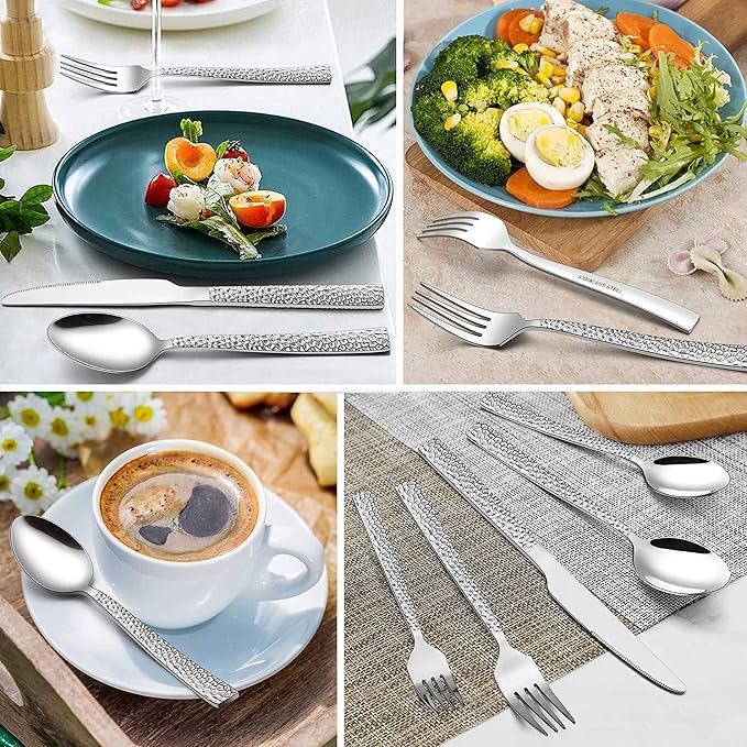 LIANYU Hammered Silverware Set for 8, 48 Piece Flatware Set Plus Extra Forks, Stainless Steel Hammered Square Flatware Cutlery Set for 8, Fancy Eating Utensils Tableware, Dishwasher Safe