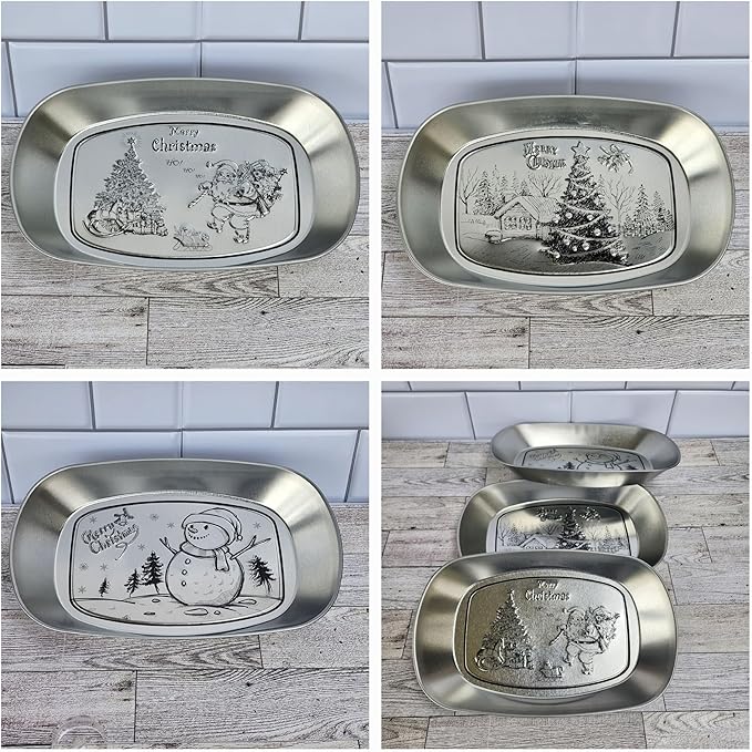 Silver Metal Oval Decorative Tray Set of 3, Essentials, Christmas & Holiday Decor, Embossed Vanity Serving Trays for Entertaining and Gifting