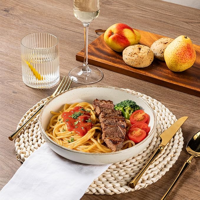 AmorArc Dinnerware Sets with Pasta Bowls for 4, Handpainted Stoneware Plates and Bowls Set with Rustic Terracotta Underside, Scratch Resistant Dishes Set, Dishwasher & Microwave Safe, 16 Pcs