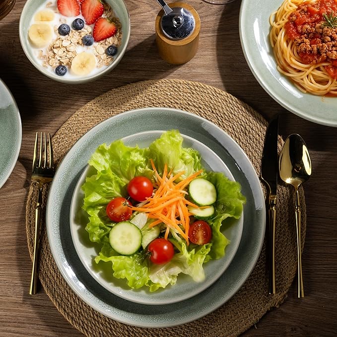 AmorArc Ceramic Dinnerware Sets for 6, 18 Pieces Handpainted Plates and Bowls Set, Scratch Resistant Stoneware Dishes Set, Dishwasher & Microwave Safe, Olive Green