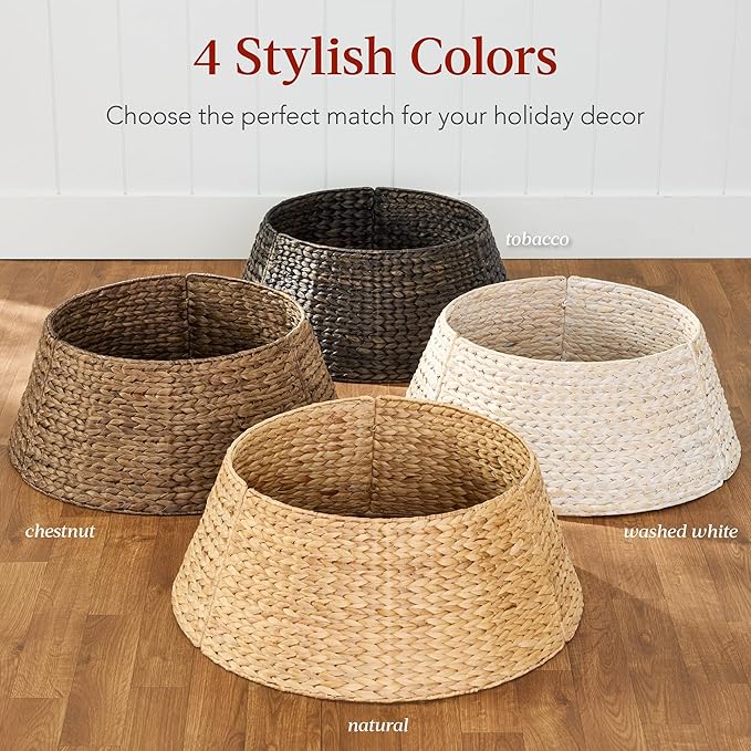 Best Choice Products 42in Christmas Tree Collar, Woven Hyacinth 4-Piece Holiday Rattan Tree Skirt Accessory for Home w/Cord Cut-Out - Transparent White