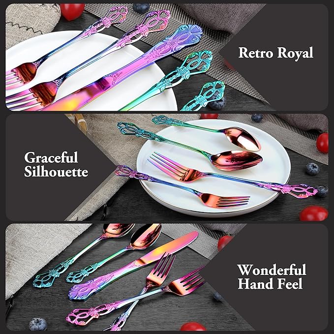 Silverware Set, 30 Pieces Retro Royal Silverware Set for 6, Baroque-style Stainless Steel Flatware Set Including Fork Spoon and Knife, Dishwasher Safe, Rainbow