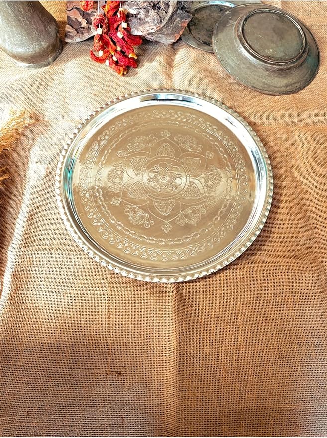 Copper Serving Tray Silver Plated Engraved Design 18 Inch Round Decorative Ottoman Tea Tray for Coffee Table - Silver, One Size
