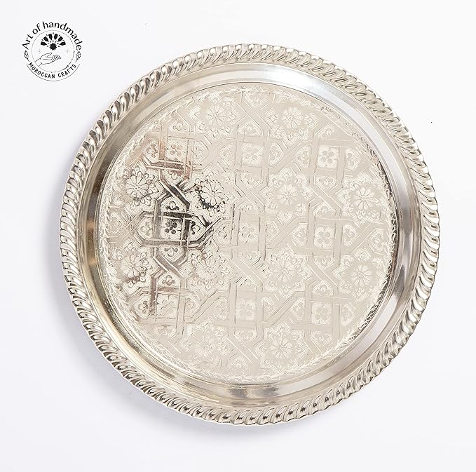 Moroccan Tea Tray Serving Cocktail Silver Handmade Fez Small Or Large Round (15 Inch)