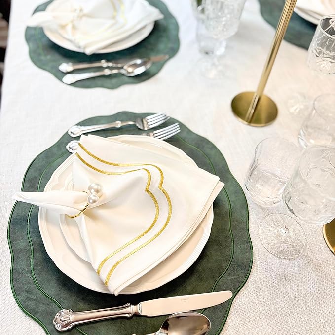 Embroidered Scalloped Faux Leather Placemats Set of 4 - Wipeable Luxury Dinner Table Mats for Dining & Kitchen Decor, Christmas, 17.25" x 15", Green