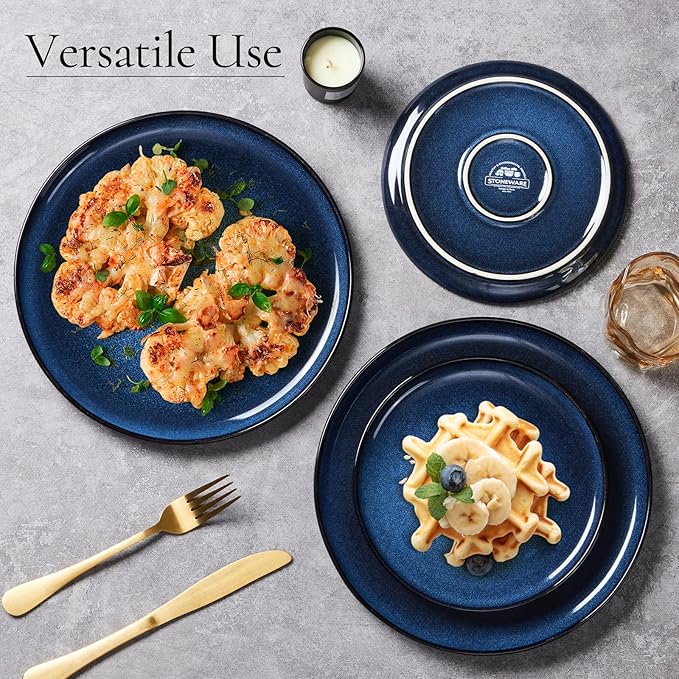 E-far 10.5” Ceramic Dinner Plates Set of 6, Large Reactive Glaze Stoneware Dishes, Round Salad Plate for Home Kitchen Restaurant, Microwave & Dishwasher Safe – Deep Sea Blue