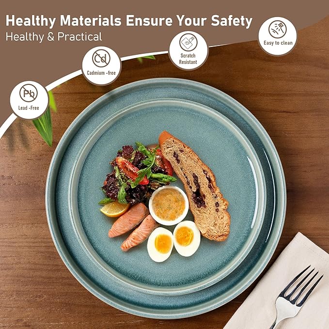 GBHOME Ceramic Dinnerware Sets for 6, 18 Pieces Stoneware Plates and Bowls Sets, Scratch Resistant Dishes, Dishwasher & Microwave Safe, Reactive Glaze-Malachite Green