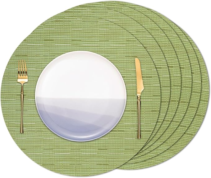 Round Placemats Set of 6 Heat Resistant Vinyl Placemats 15 inch Washable Non-Slip Table Mats Woven Place Mats for Dining Table (Green, Set of 6)