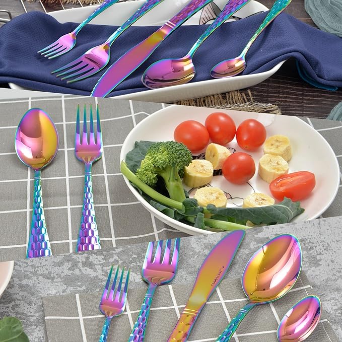 Rainbow Flatware Cutlery Silverware Set 40 Pieces, 18/10 Stainless Steel Colorful Utensils, Tableware Flatware Set Service for 8, Include Knife/Fork/Spoon, Mirror Polished, Dishwasher Safe (Rainbow)…