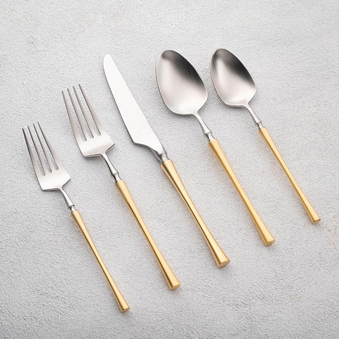 Vikko Decor Vintage Silverware Set: Brushed Silver and Gold Silverware- Luxury 18/10 Stainless Steel Flatware - Satin Matte Cutlery Set for Upscale Dining - 20 Piece Set - Service for Four (4)