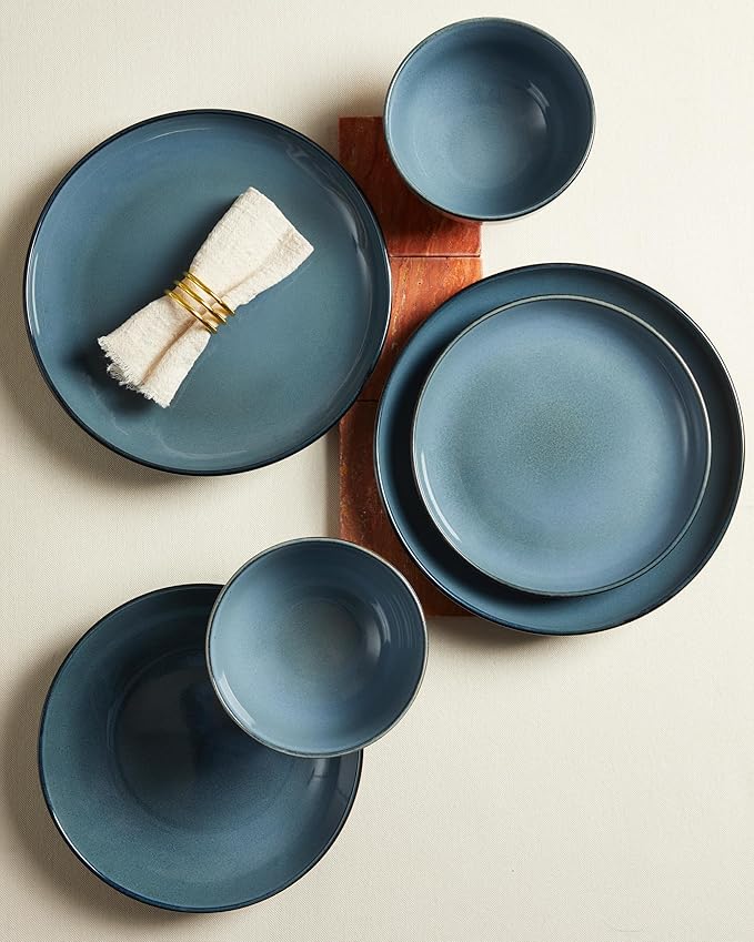 32 Piece Double Bowl Dinnerware Sets with Pasta Bowls, Highly Chip and Crack Resistant Plates and Bowls Sets, Natural Earthyware Ceramic Dishware Sets, Service for 8 Jeans Blue