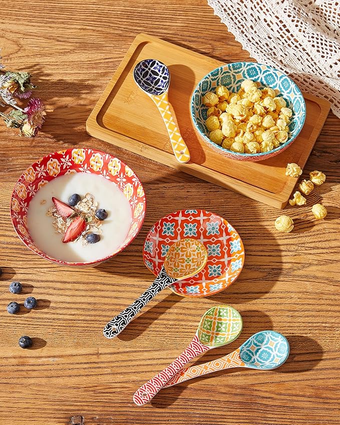 Ceramic Small Serving Spoons, Colorful Soup Spoon Set for Cereal, Yogurt, Dips, Ice Cream, Ramen, Dishwasher & Microwave Safe, Cute Decorative Spoon Set of 6