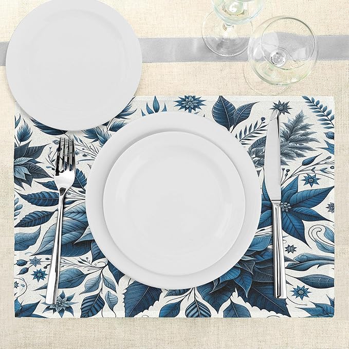 Ambesonne Christmas Place Mats Set of 8, Monochromatic Poinsettia Flowers Xmas Theme Illustration Print, Washable Fabric Placemats for Dining Table, Placemat 8 pcs, Night Blue and Dark Sky Blue