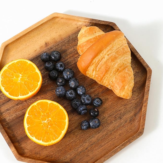 Premium Walnut Wood Octagon Serving Tray Set of 2(8", 10")-100% Natural Wooden Serving Tray for Coffee Table-Great Ottoman Tray Home Decor Platter-Perfect for Serving Drinks & Food