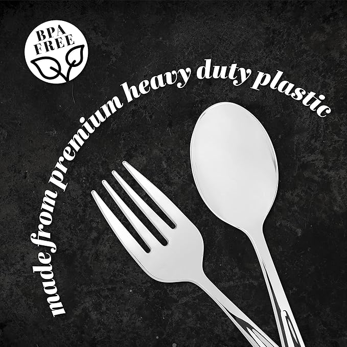 Plasticpro Disposable Plastic Silver Serving Utensils 6 Serving Forks & 6 Serving Spoons Durable Heavy Duty Premium Serving Utensils Silver 6 Sets