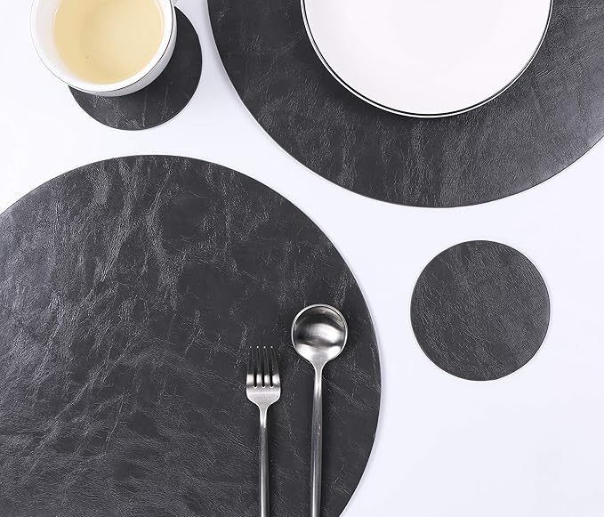 Jovono Set of 4 Round Placemats and Coasters, Faux Leather Table Mats and Desk Coasters, Plate mat Easy to Clean for Round Dining Rable, Diameter 13'' and 3.9'' Gray