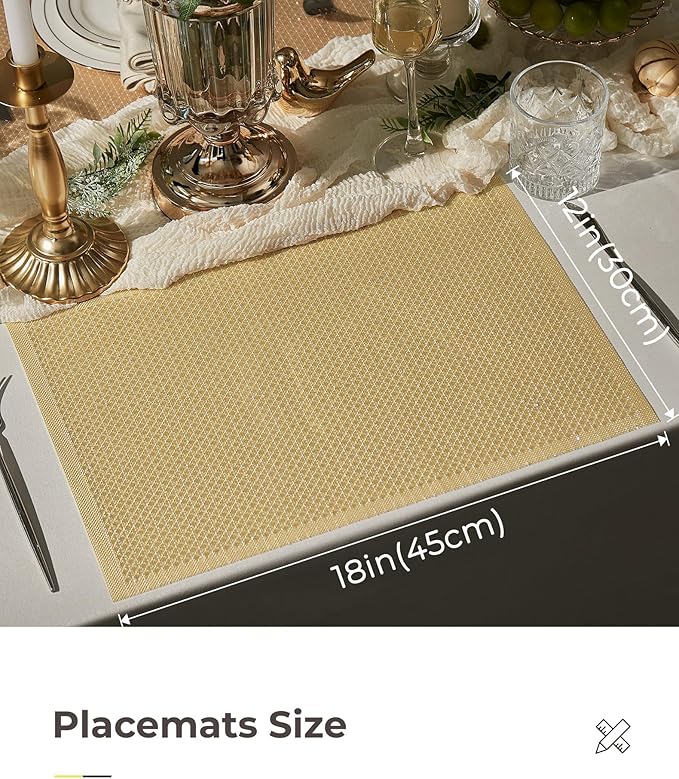 Leetaltree Sparkling Gold Sequin Woven Vinyl Placemats, Set of 8 - Waterproof & Washable Dining Table Mats for Wedding, Anniversary, Daily Use, Hand-Cut