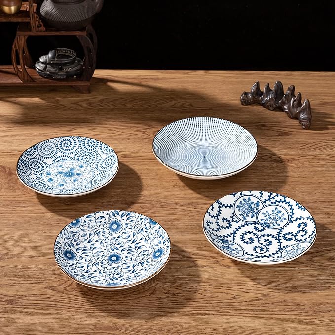 TJ Global Set of 4 Japanese Pottery Ceramic 6.8 Inch Plates for Any Meal and Dish, Japanese Dinnerware and Tableware with Traditional Blue Design