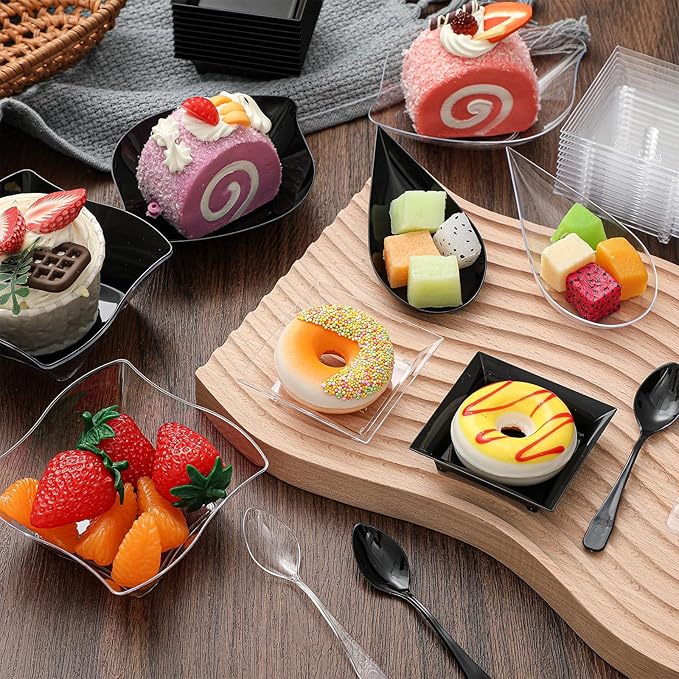 Tessco for you 200 Pcs Mini Appetizer Plates with Spoons Forks Disposable Mini Dessert Plates Plastic Appetizer Bowls Tiny Individual Serving Trays for Party (Black, Clear,Classic)