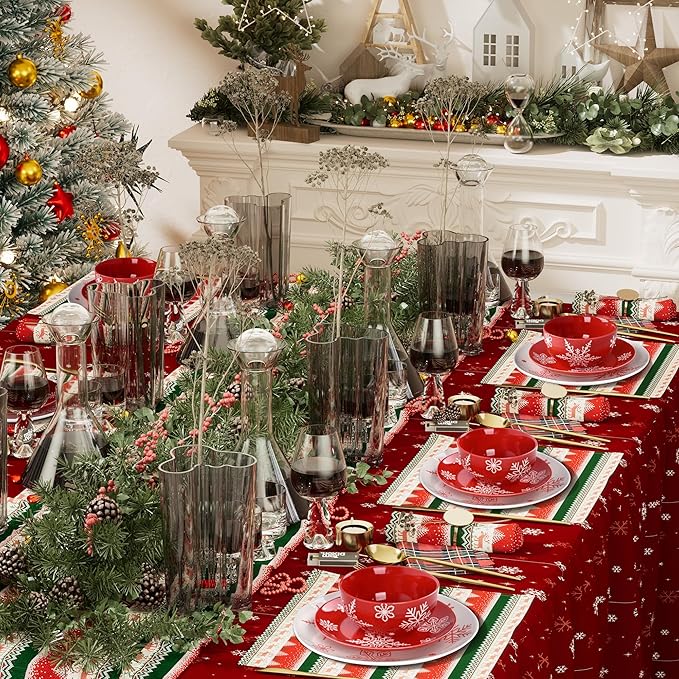6 Pcs Christmas Cereal Bowls, 23 Oz Ceramic Bowl Set, Deep Serving Bowls, White Red Snowflake Xmas Holiday Soup Bowls for Salad, Dessert, Pasta, Ice Cream, Dishwasher and Microwave Safe