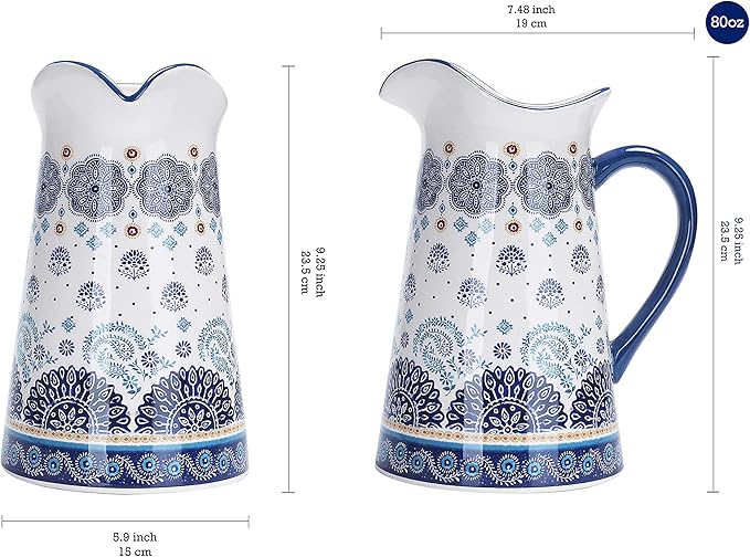 Bico Blue Talavera Ceramic 2.5 Quarts Pitcher with Handle, Decorative Vase for Flower Arrangements, Dishwasher Safe