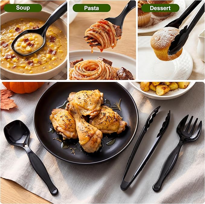 36Pcs Disposable Plastic Serving Utensils Set, 12 Black Spoons, 12 Forks, 12 Tongs, 9-Inch for Party Buffet Catering Events, Heavy Duty and Ergonomic Design (Black-1)