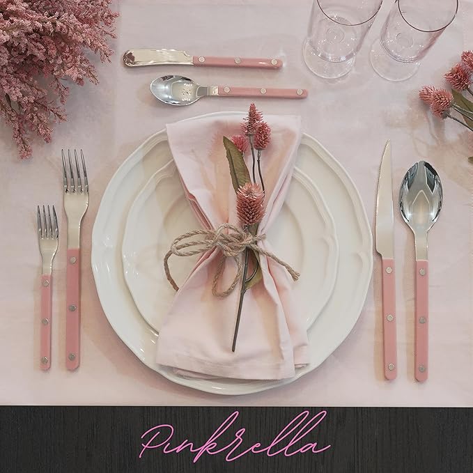 6-Piece Stainless Steel Flatware Silverware Cutlery Set - Color Handle with Rivet/Retro Style - Includes Dinner Knife; Dinner Fork; Salad Fork; Soup Spoon; Teaspoon; Spreader (PINK)