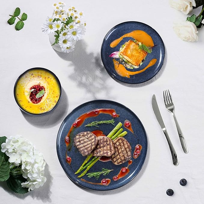 Herogo Dinnerware Sets with Pasta Bowls for 4, 16 Piece Dinner Salad Plates and Cereal Serving Bowls, Stoneware Dishes Dinner Ware for Home Kitchen, Dishwasher & Microwave Safe, Starry Blue