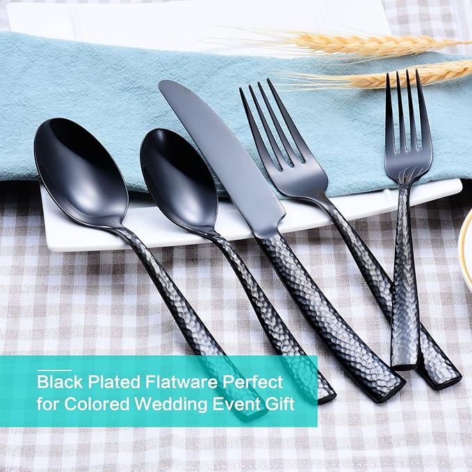 Flatware Set Stainless Steel Cutlery Set Silverware Set Black Hammered Mirror Finished 40 Pieces Home Event Wedding Use Service for 8