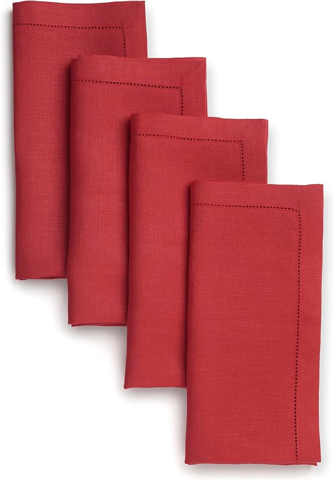 D'Moksha Homes Bright Red Linen Napkins Set of 4 - Classic Hemstitch 100% Pure Linen Hemstitch Dinner Napkins 20 x 20 Inch for Winter, Christmas, Holiday, New Year - Handcrafted and Machine Washable