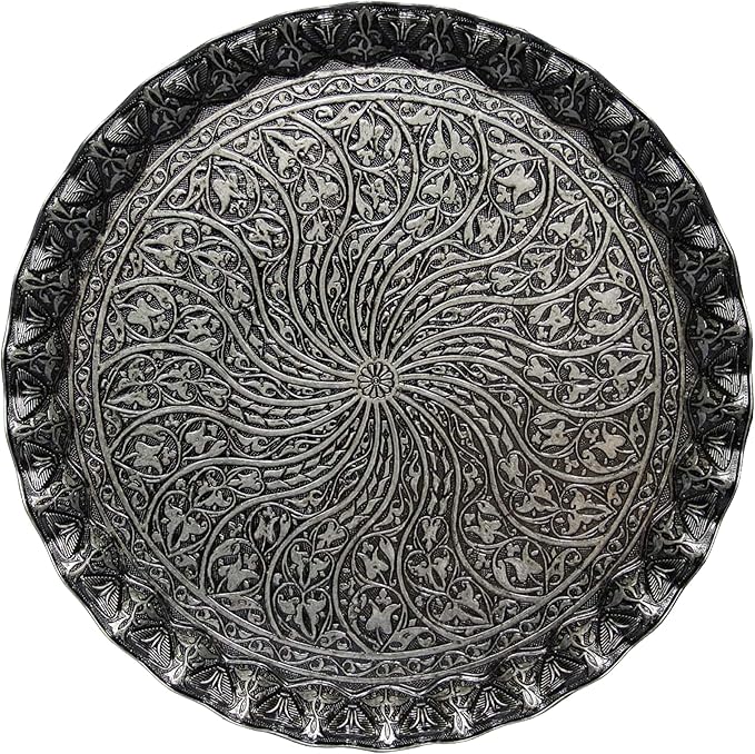 Coffee Tea Beverage Serving Tray, Vintage and Fancy Round Design (Antique Silver)