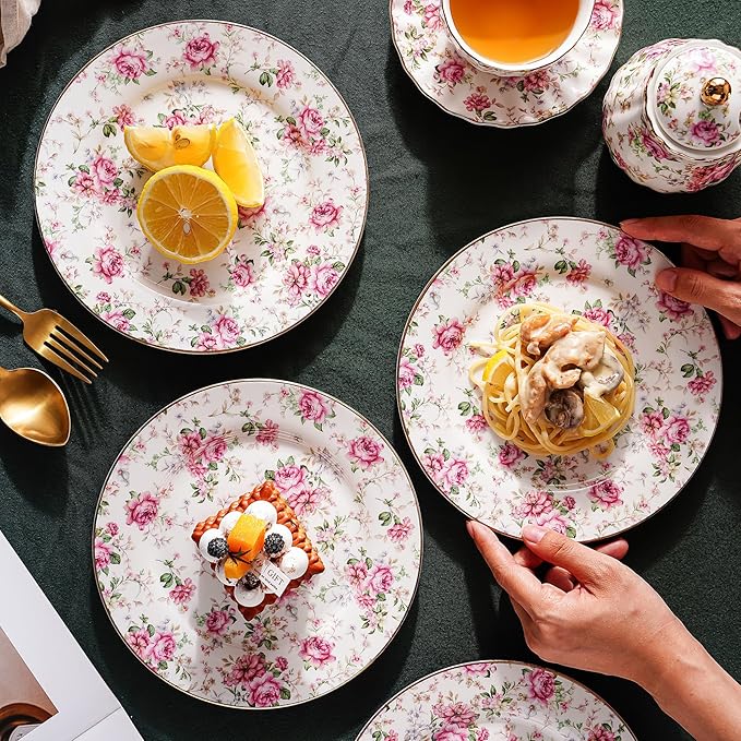 Porcelain Floral Plates, 8 inch, Set of 4,Small Plate, Small Appetizer Plates,Round dessert plate for breads, desserts, snacks, salads (White with flowers)