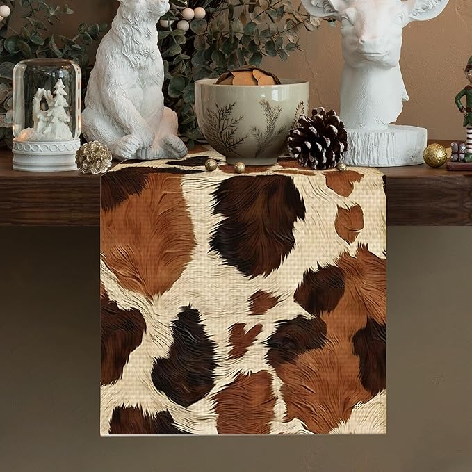 Cow Pattern Brown Table Runner Farmhouse Kitchen Dining Linen Table Decoration for Indoor Outdoor Home Party Decor 13 x 72 Inch