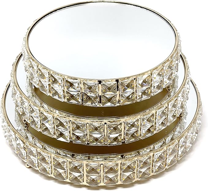 allgala Wedding Cake Stands 3-Piece Set Crystal Gold Plated Cheese Dessert Cupcake Cake Stand with Mirror Plate-Gold Round-HD89202