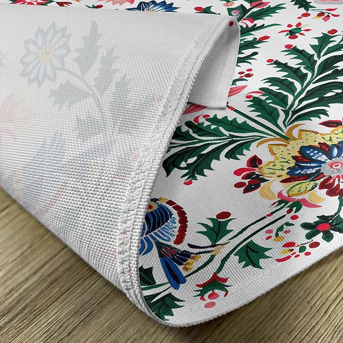 Ambesonne Christmas Place Mats Set of 4, Traditional Scandi Art of Xmas Berry Leaves Birds and Floral Colorful, Washable Fabric Placemats for Dining Table, Standard Size, Green White Multicolor
